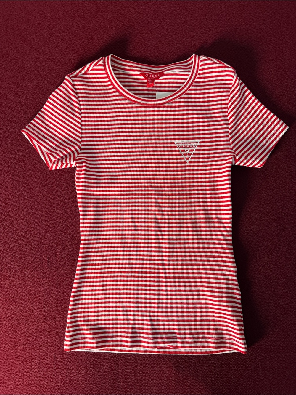 GUESS Red & White Striped Short Sleeve Crew Tee